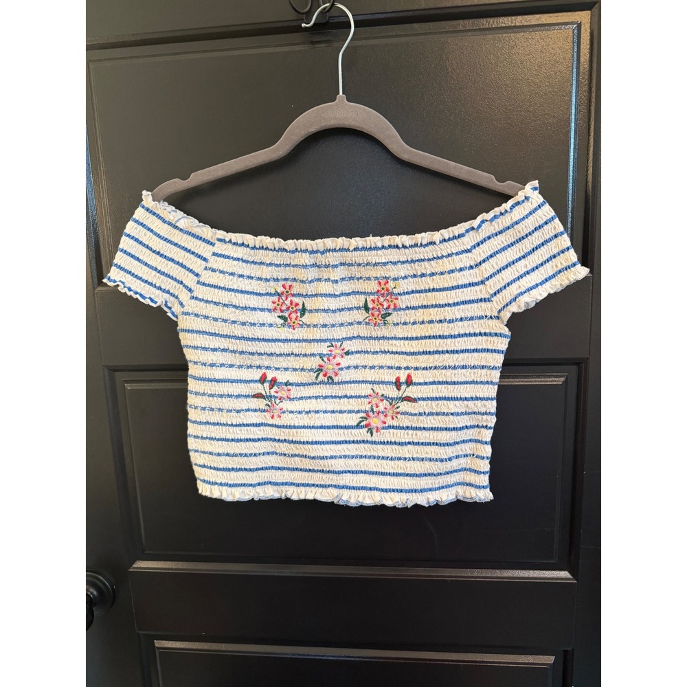 Rampage Women Large Blue Stripe Smocked Off Shoulder Crop Top Floral Embroider L